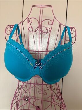 Victoria's Secret Teal Lace-Trim Underwire Bra with Printed Bow Accent